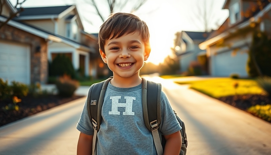 Smiling boy with backpack on driveway during golden hour