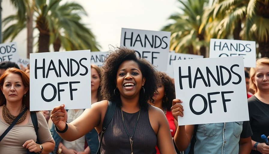 Protestors with 'Hands Off' signs at street protest.