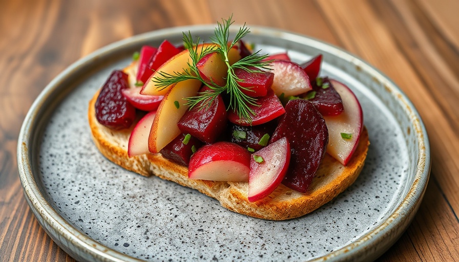 Herring Beet Apple Salad on crispbread with dill garnish.