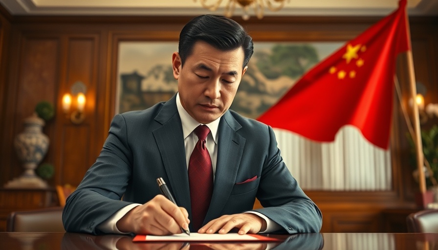 Serious individual signing document with Chinese flag, U.S.-China trade deficit.