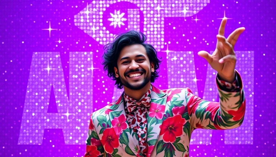Colorful floral suit against purple text background, political comedy and humor.