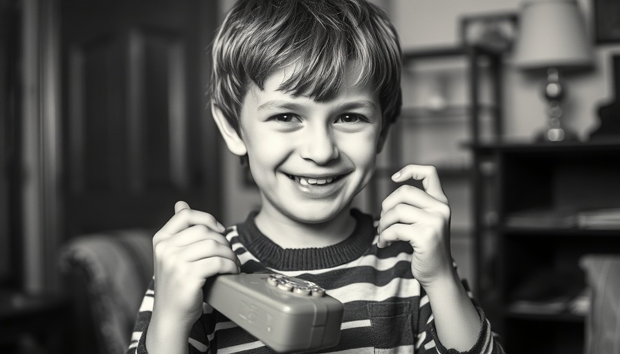 Vintage photo of young boy with phone, nostalgic feel.