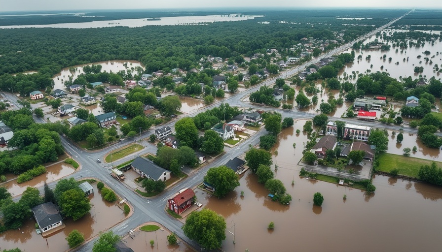 Aerial view of flooded US town and streets, breaking US news.