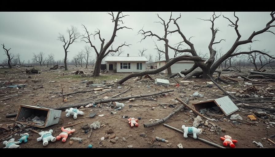 Midwest and South tornado destruction with debris and toys, highlighting devastation.