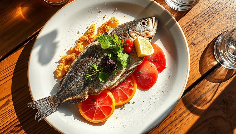 Artistic meal of French-Texan Bistro Le Calamar Austin on wooden table.
