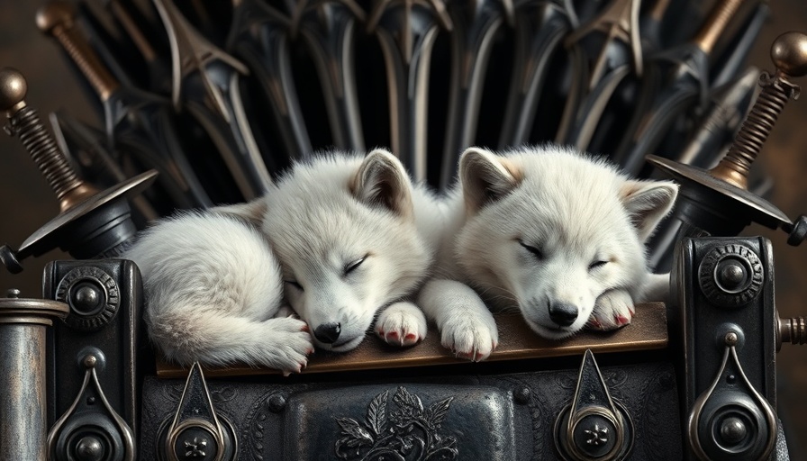 Fluffy white wolf cubs on a metallic throne reminiscent of a genetically engineered dire wolf setting.