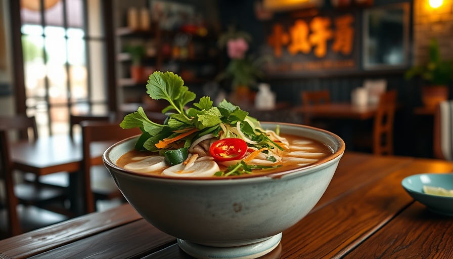 Steaming bowl of Ho’s Kitchen pho in cozy Cedar Park restaurant.