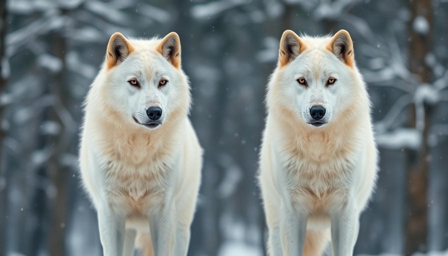 Two majestic white wolves in snowy wilderness, dire wolf de-extinction