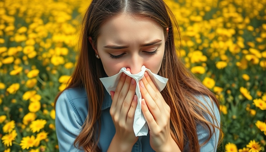 A woman with allergies sneezing in a field of yellow flowers.