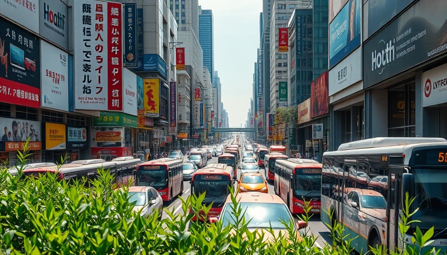 Urban street view with traffic and signs reflecting societal issues.