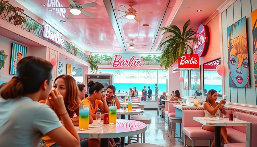 Malibu Barbie Cafe Austin themed interior with customers enjoying drinks.