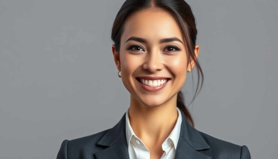 Smiling woman in a business suit, representing leadership change.