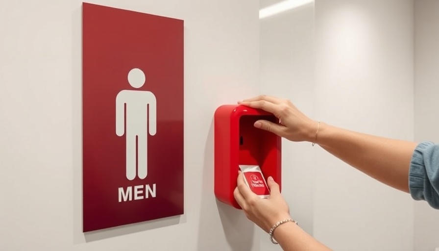 Men's bathroom sign with menstrual product dispenser, promoting inclusivity.