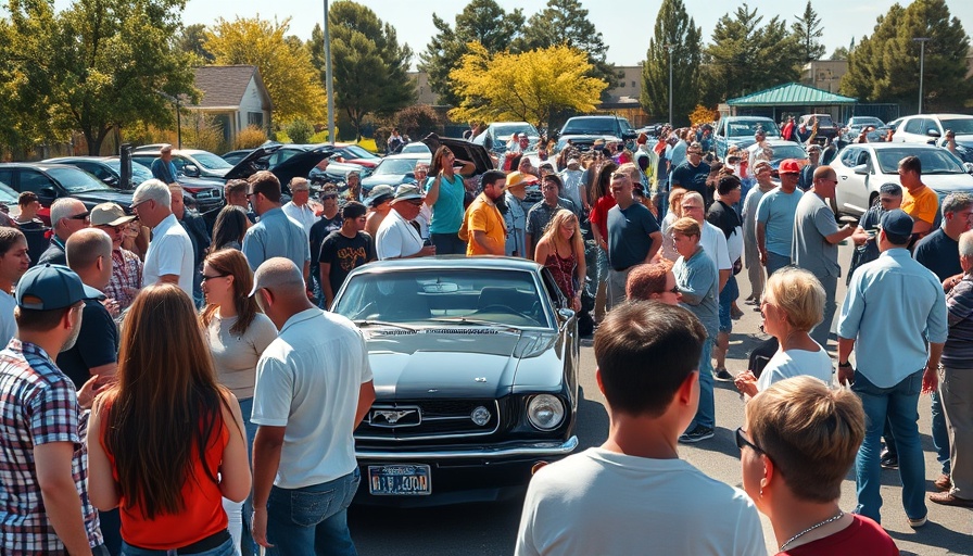 Cars and Coffee COTA event with crowd and classic car