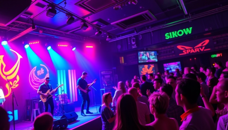 Nightclub scene in Dominican Republic with musicians on stage and colorful lights.