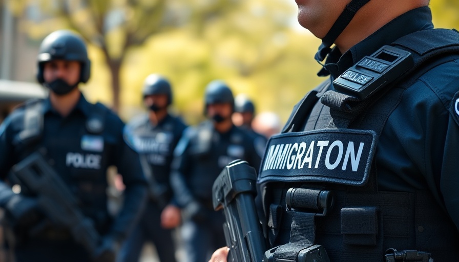 Immigration officer in tactical gear labeled 'POLICE ICE' in outdoor setting.