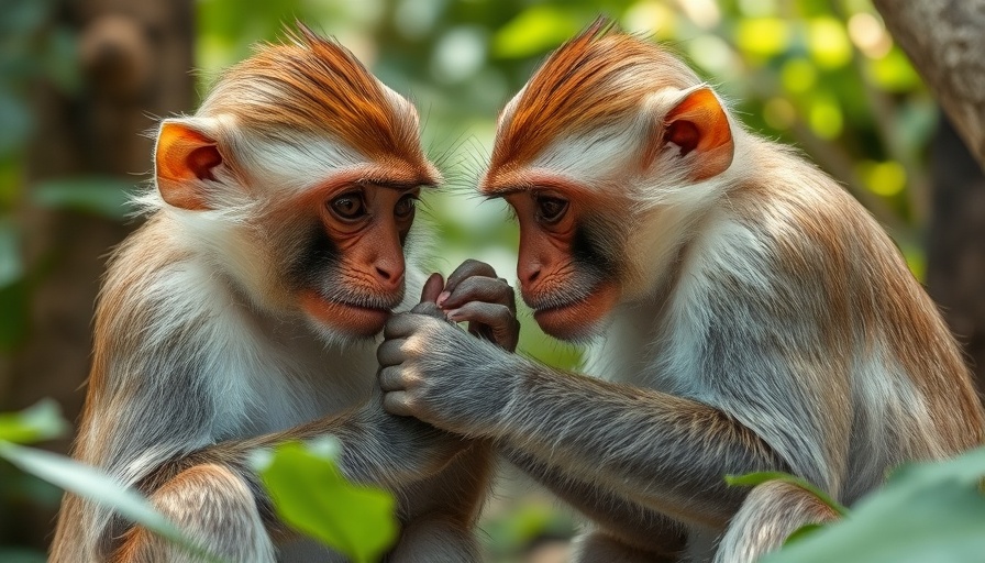 Monkeys grooming in forest setting, serene environment.