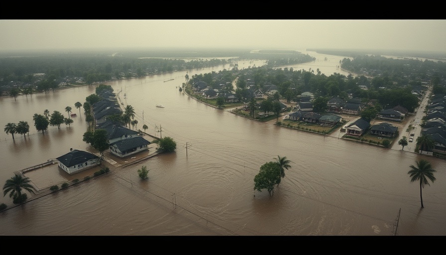 Aerial view of swollen rivers flooding towns in US South.