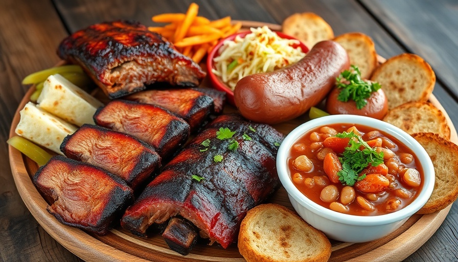 Austin Barbecue Food Truck meal with ribs and sides on a wooden table.