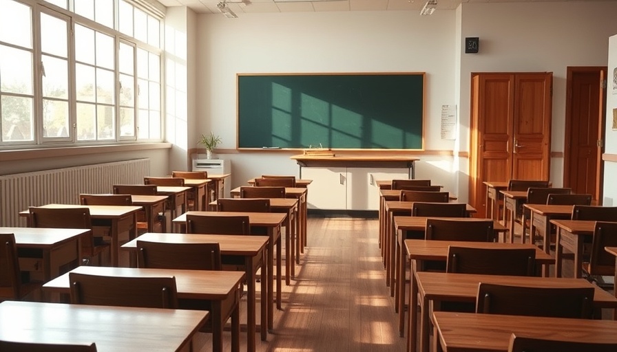 Orderly classroom with wooden desks and bright windows, representing Texas teachers' authority to discipline students.