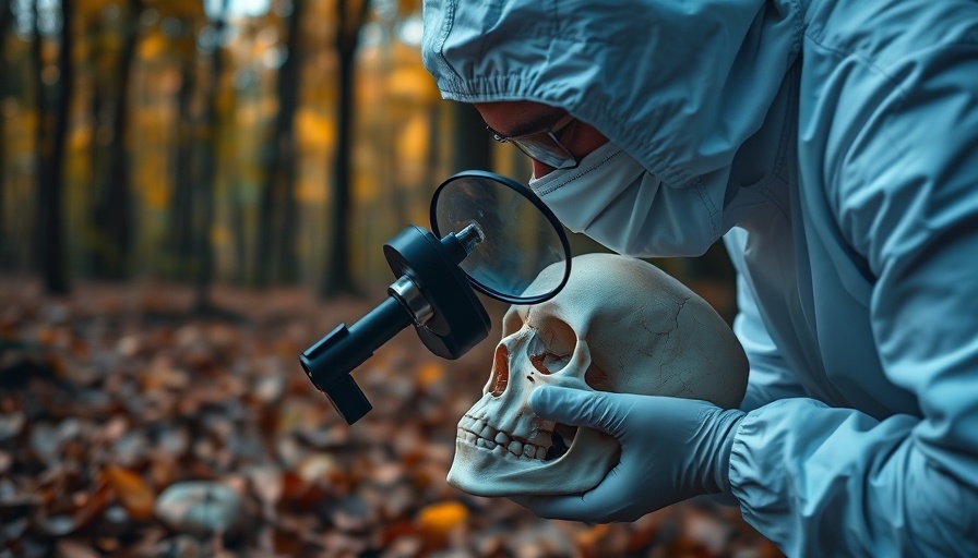 Forensic investigator in a forest examining skull for cold case human remains search.
