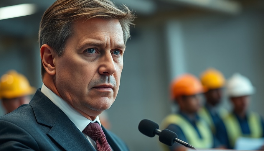 Man in a suit speaking at a podium, workers in background.