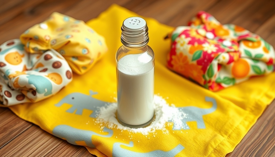Homemade baby powder in glass shaker on elephant-patterned cloth.