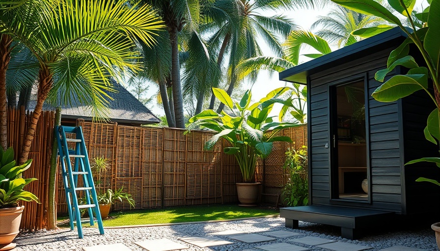 Outdoor sauna in tropical backyard with bamboo fence and lush plants.