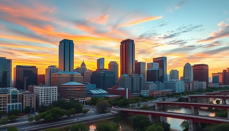 Austin skyline at sunset with colorful reflections on the river.