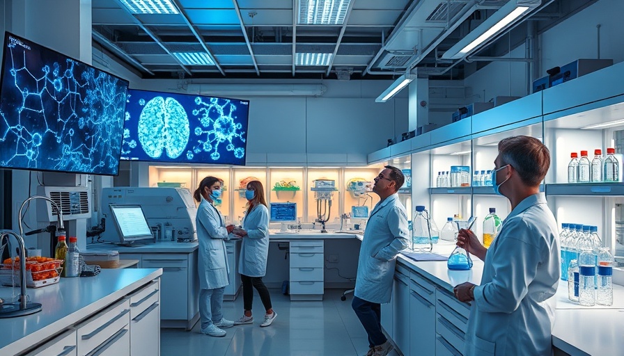 Futuristic lab with advanced drug delivery platform for Alzheimer's treatment.