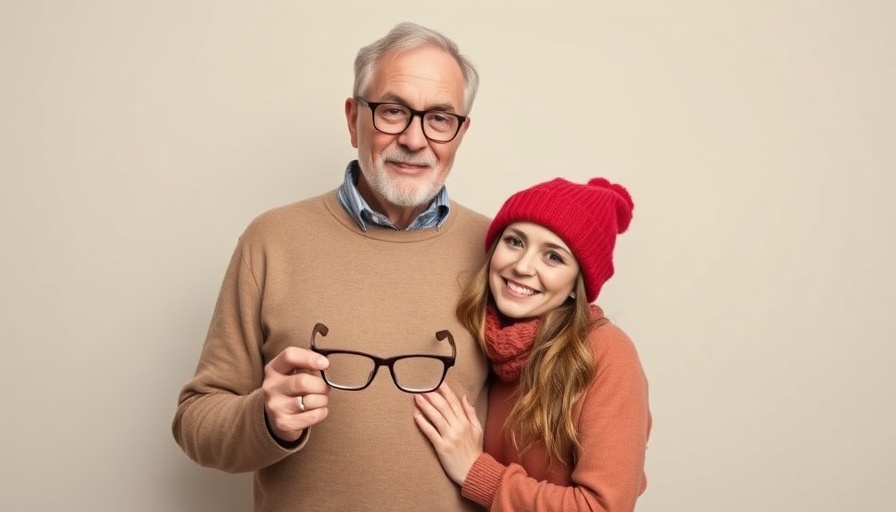 Older man and woman in red beanie posing together, plain background.