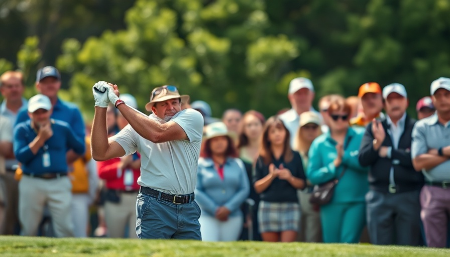 Golfer at Masters Tournament 2023 swinging club as crowd watches.