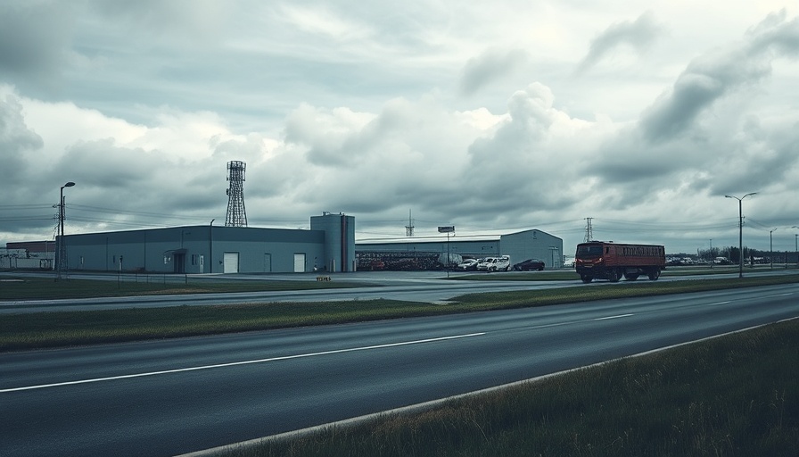 Industrial property near Austin-Bergstrom under overcast sky, roadside view.