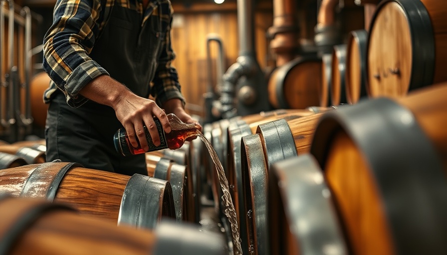 Worker filling oak barrels in bourbon whiskey production.