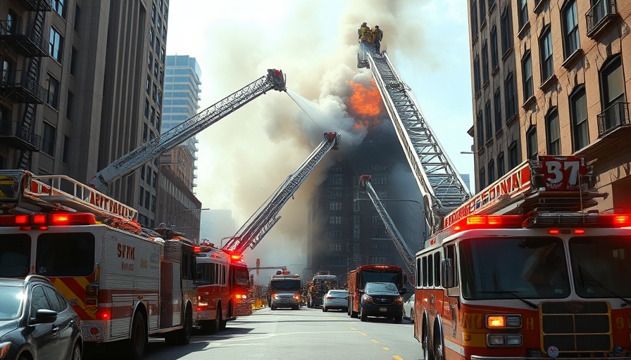 Firefighters tackling Houston apartment fire with ladder trucks and engines.