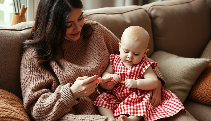 Homegrown Garments: Woman knitting beside a sleeping baby on a sofa.