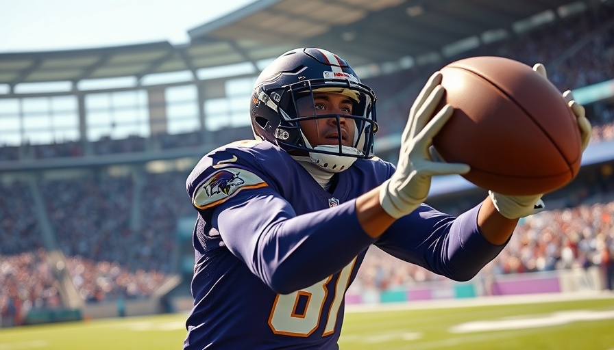Football player in action catching a ball, bright stadium.