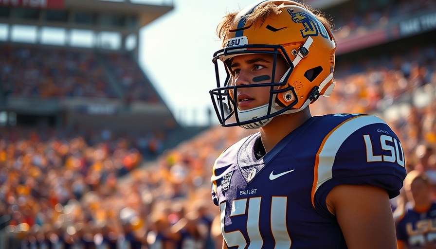 Focused football player in LSU gear during a game.