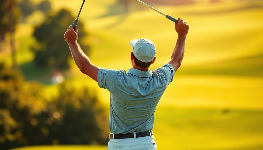 Golfer celebrates winning the Masters on lush green course.