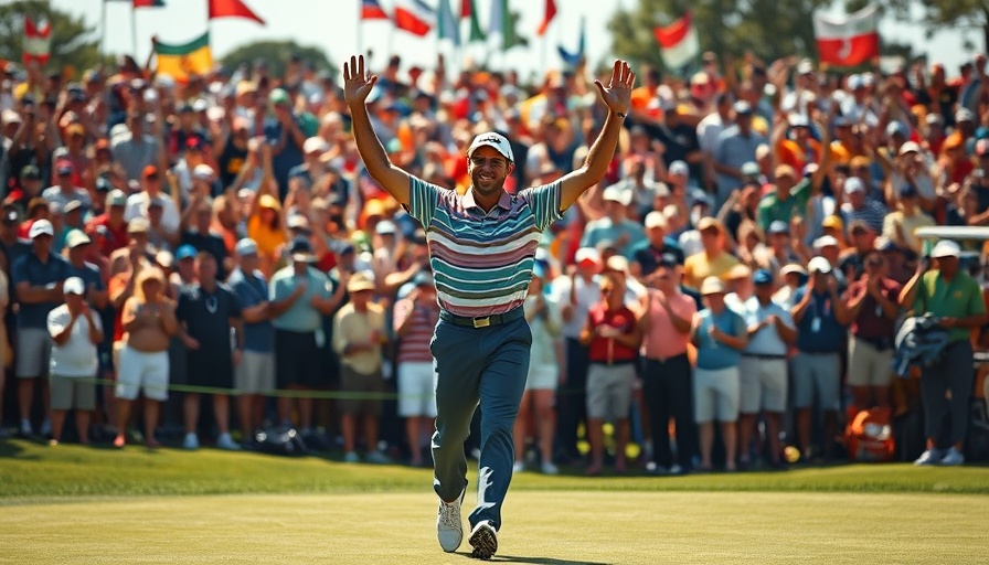 Golfer celebrates victory on the green with cheering crowd in background.