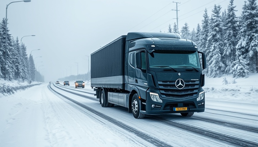 Self-driving truck in harsh snowy weather on remote road.