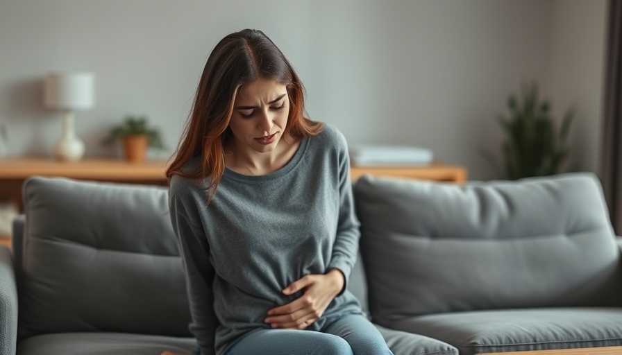 Woman on couch experiencing bloating discomfort in a living room.