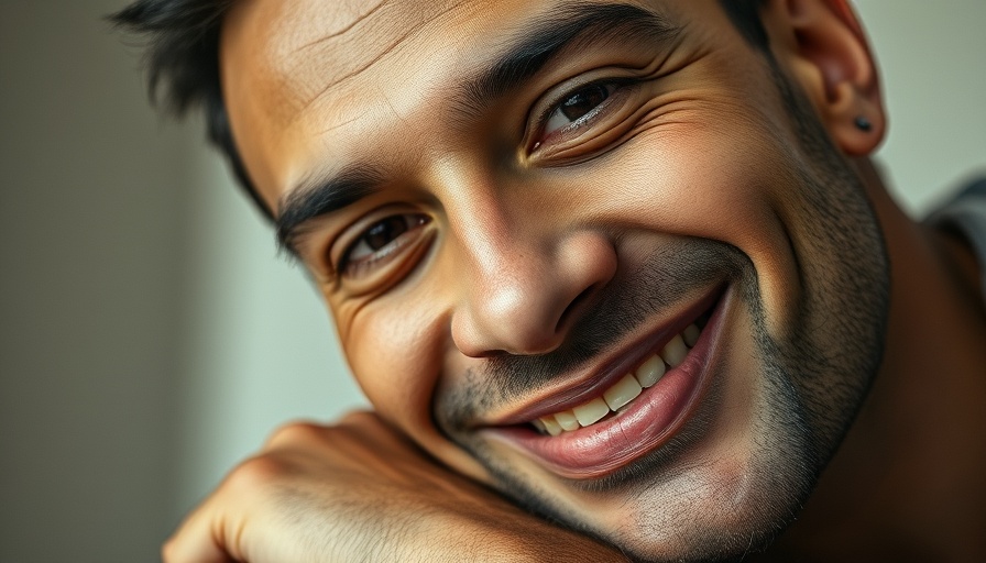 Close-up portrait of a man smiling warmly indoors.