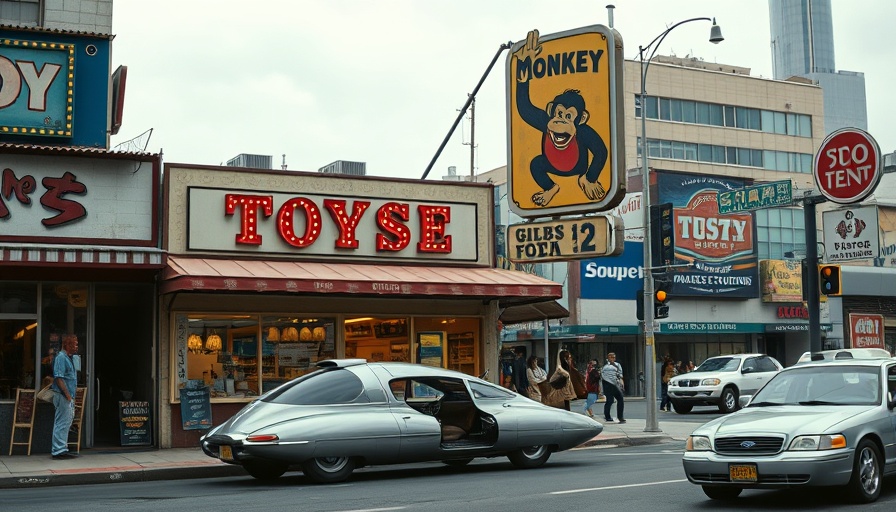 Monkey See Monkey Do storefront with futuristic vehicle parked, urban street.