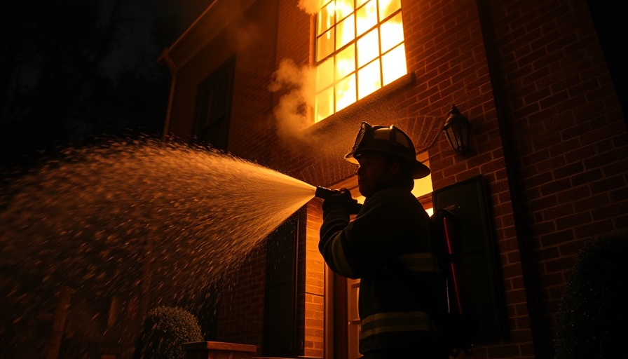 Firefighter battling arson attack on governor's residence at night.