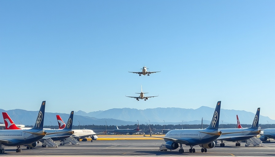 Airplanes on tarmac with one taking off in clear sky; United Airlines flight school lawsuit.