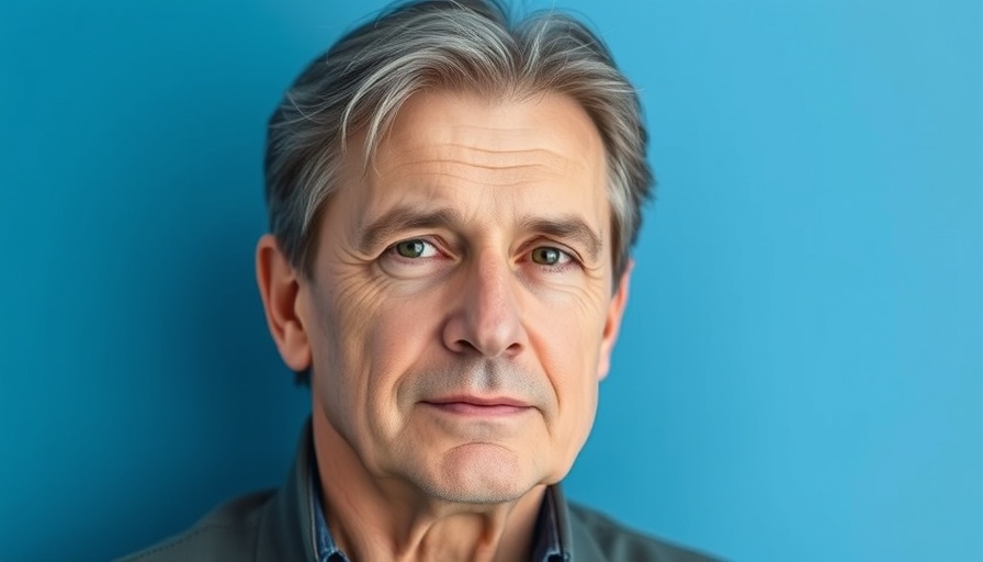 Serious middle-aged man with neutral background and text overlay.