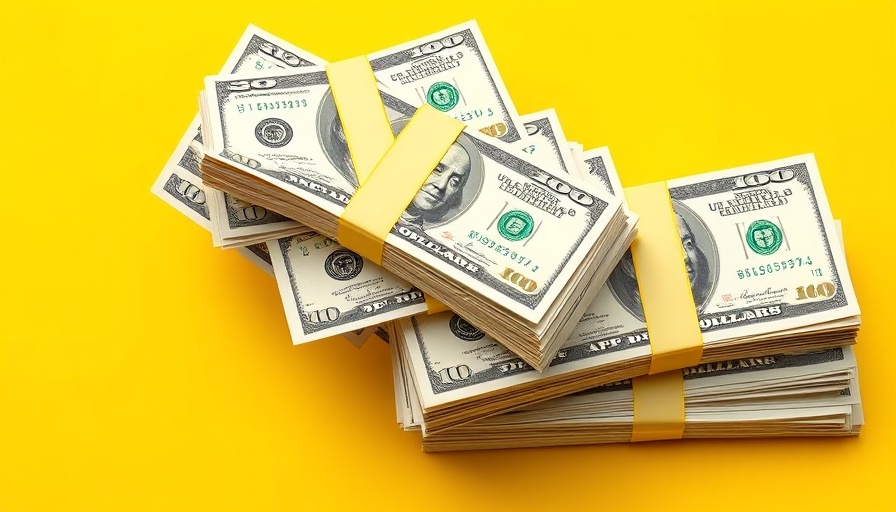 Financial success concept with dollar bills on yellow background.
