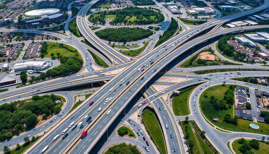 Aerial view of highway intersection on Ronald Reagan Blvd for toll viability study.