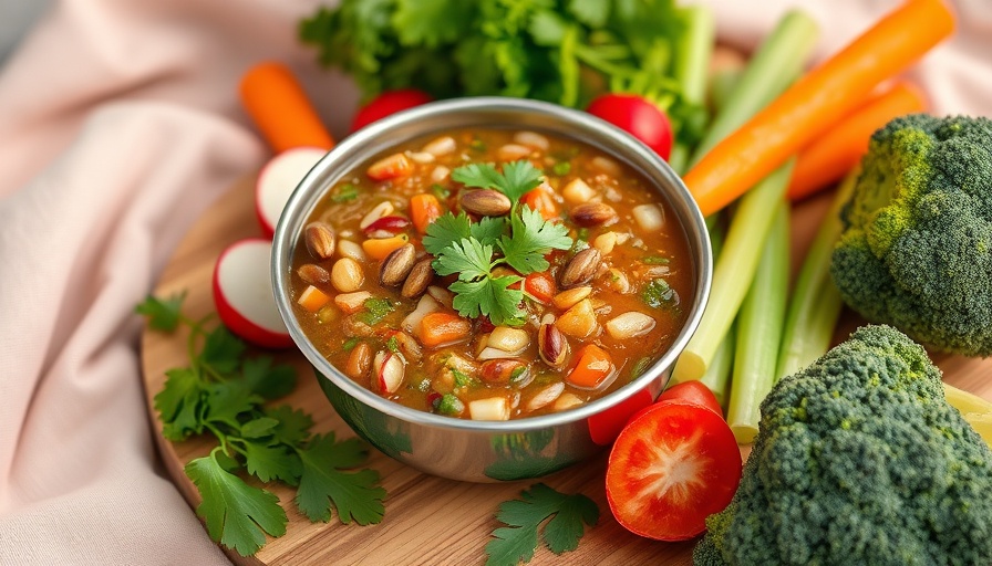 Cilantro and pepita salsa with fresh veggies on a wooden board.